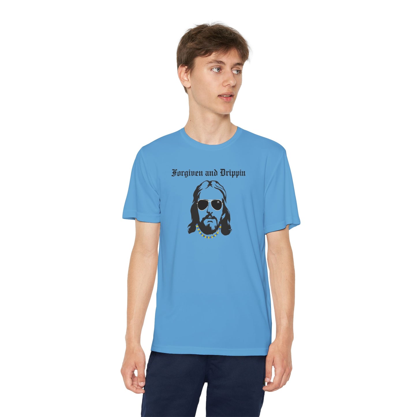 Forgiven and Drippin Jesus Youth Moisture Wicking tee
