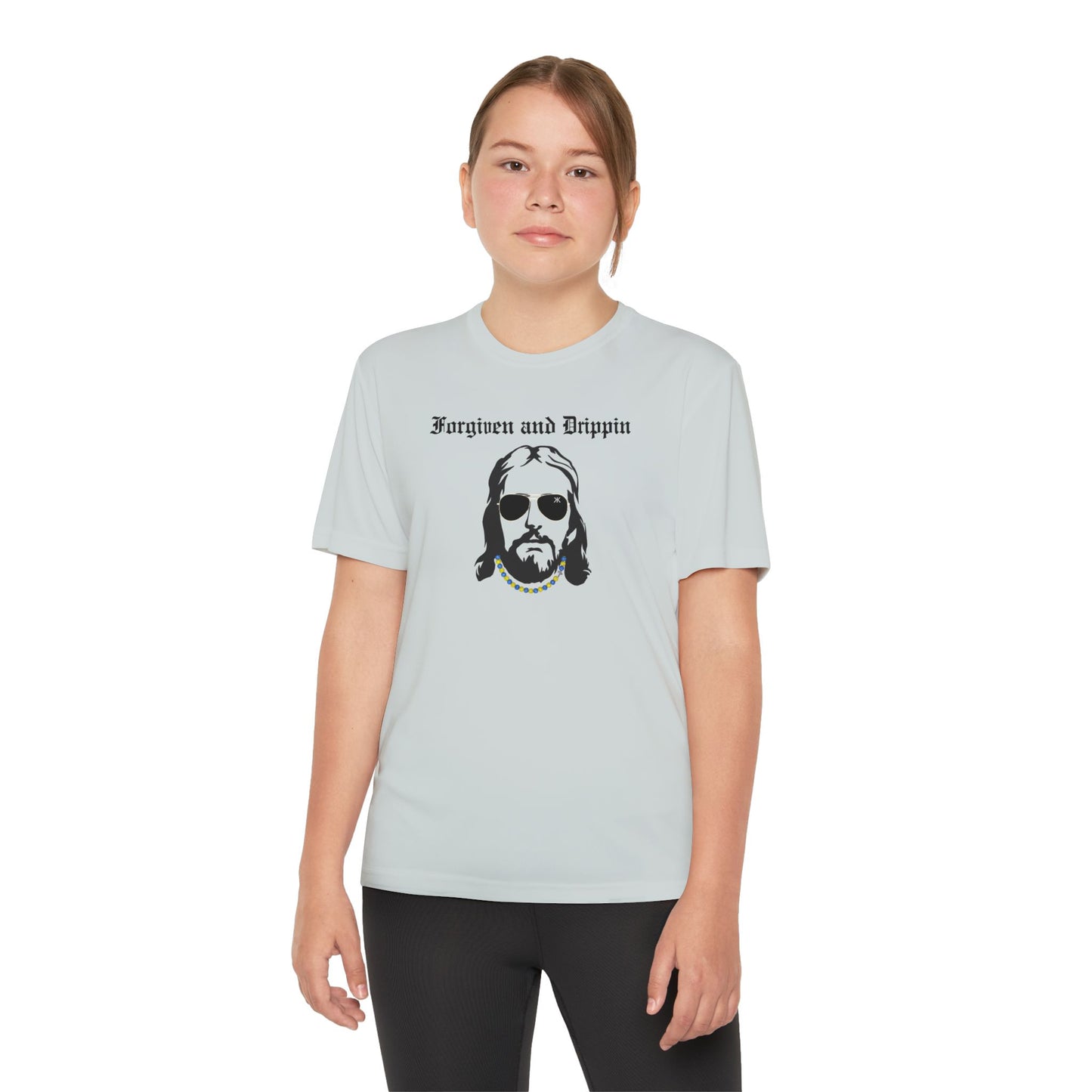 Forgiven and Drippin Jesus Youth Moisture Wicking tee