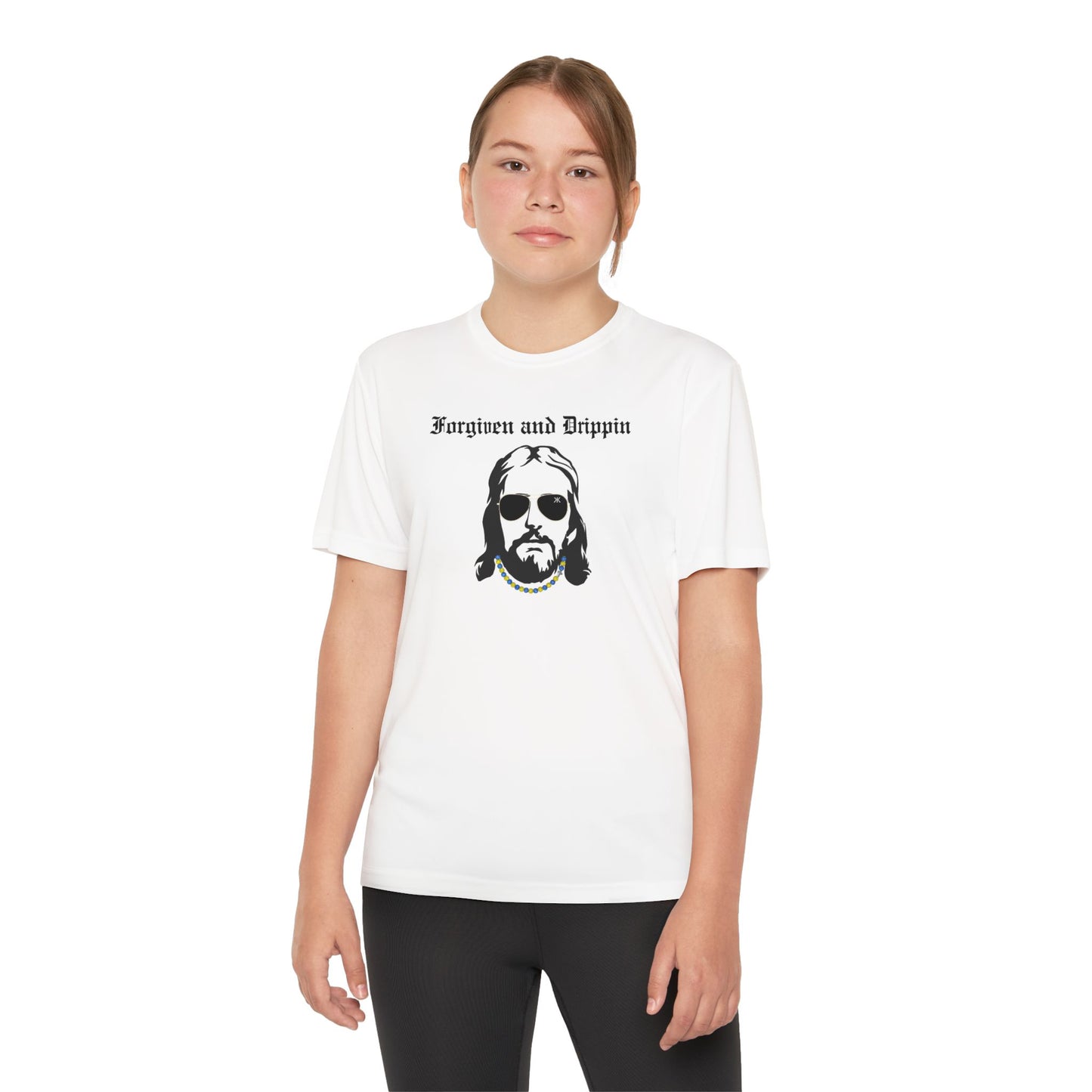 Forgiven and Drippin Jesus Youth Moisture Wicking tee