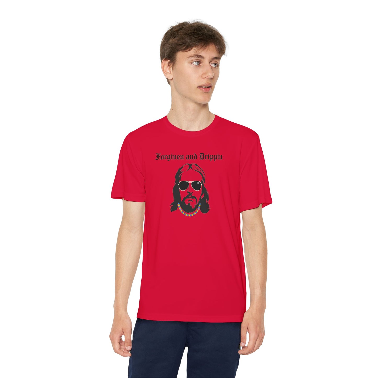 Forgiven and Drippin Jesus Youth Moisture Wicking tee