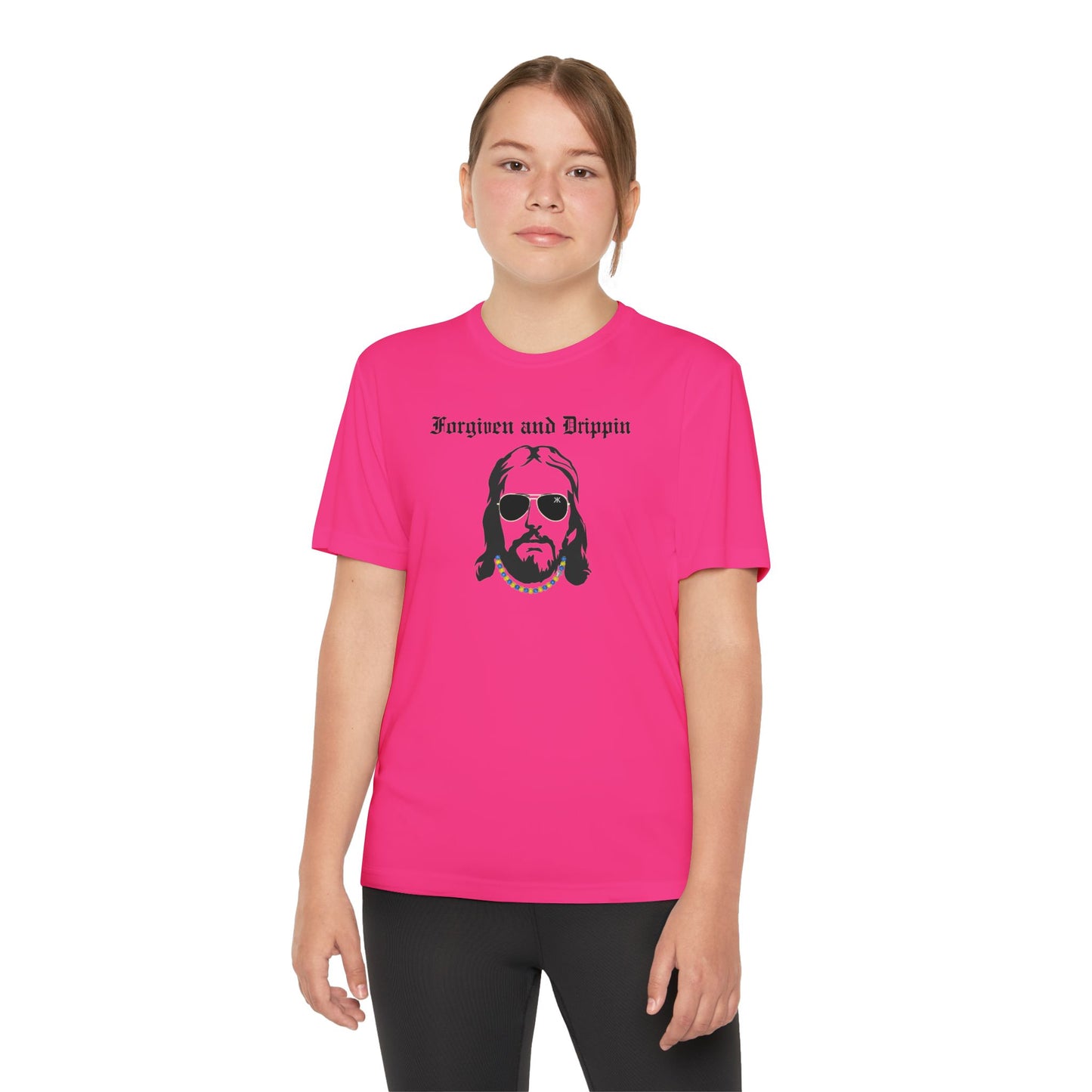 Forgiven and Drippin Jesus Youth Moisture Wicking tee