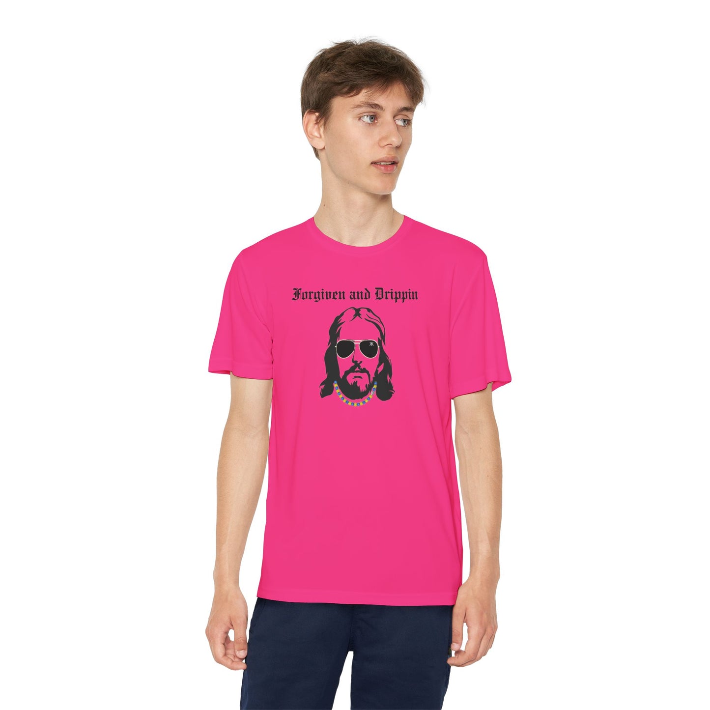 Forgiven and Drippin Jesus Youth Moisture Wicking tee