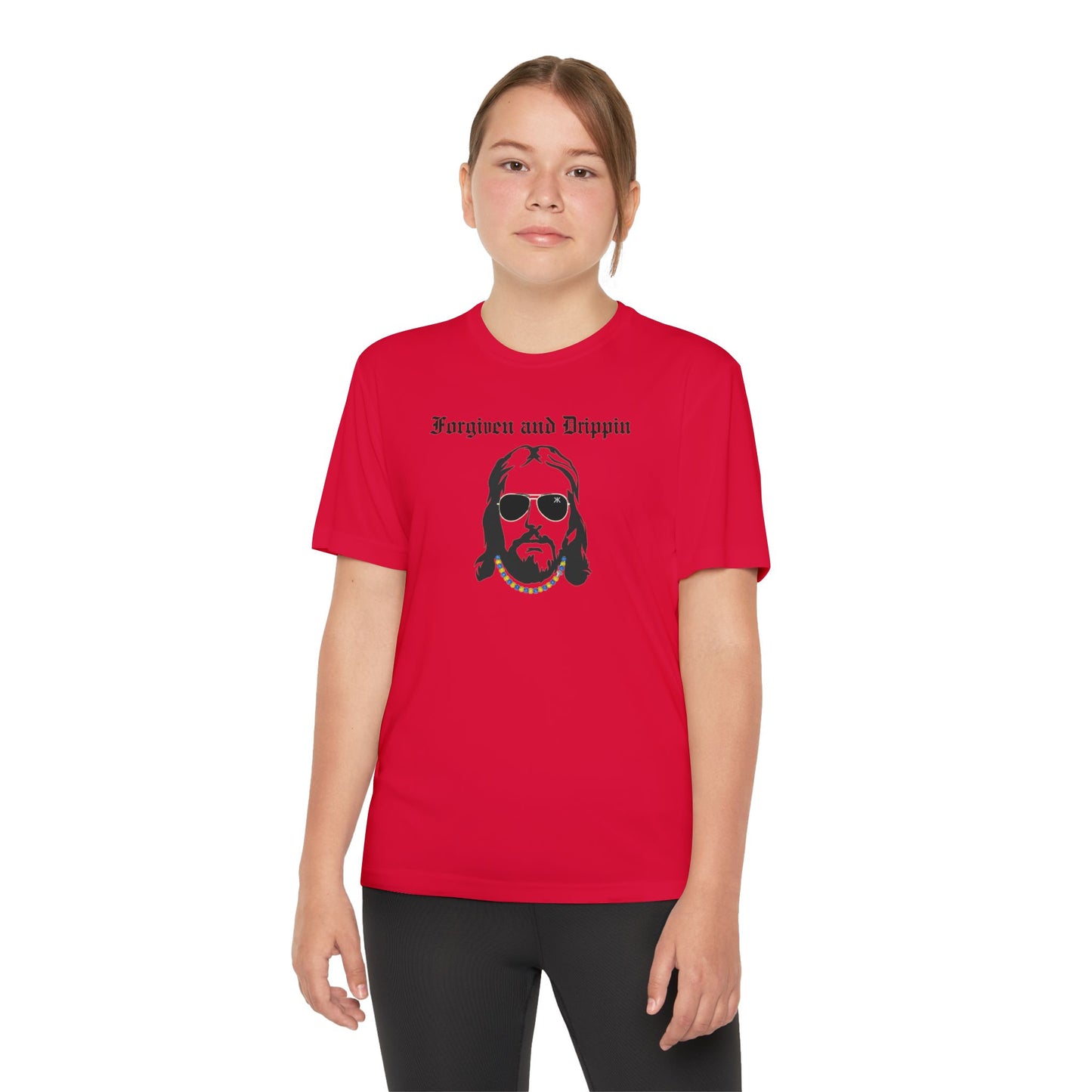 Forgiven and Drippin Jesus Youth Moisture Wicking tee